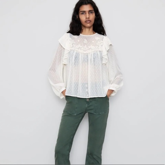 Romantic ZARA Women's  Sheer Ruffle Swiss Dot Top XS - Picture 2 of 10